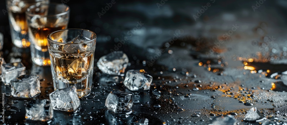 Poster Dark background with vodka shots in glasses over ice providing a copy space image and using selective focus