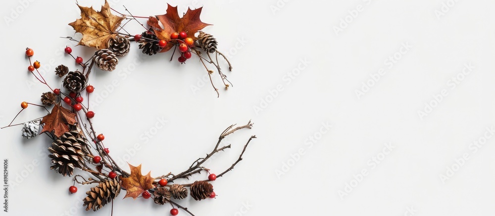 Leinwandbilder circular autumn wreath made of dried leaves twigs rose hips and pine cones on a white background por