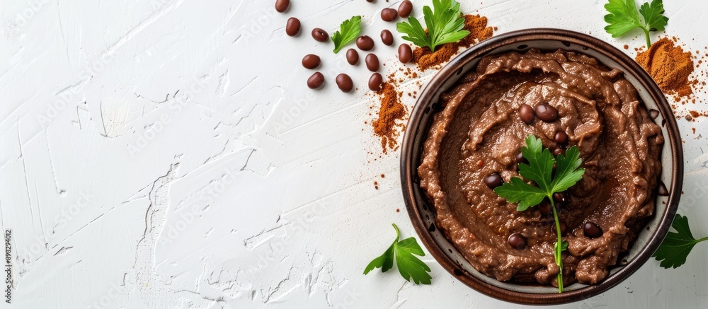 Poster adzuki bean tahini dip with copy space image on a white backdrop