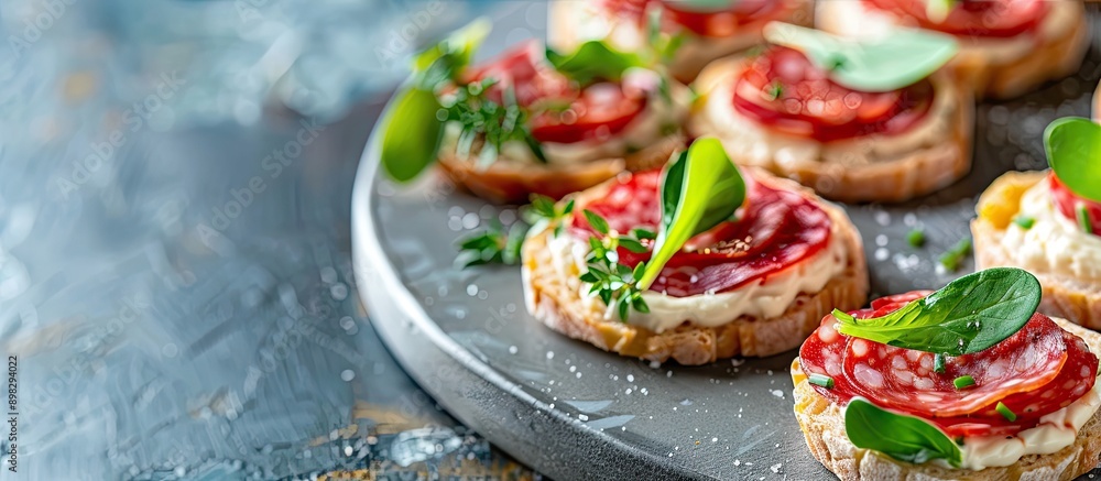 Poster delicious canapes with salami greens and cream cheese are presented on a gray table with copy space 