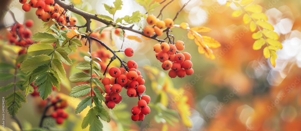Aufkleber Autumn branch of a rowan tree adorned with vibrant red berries perfect for a copy space image