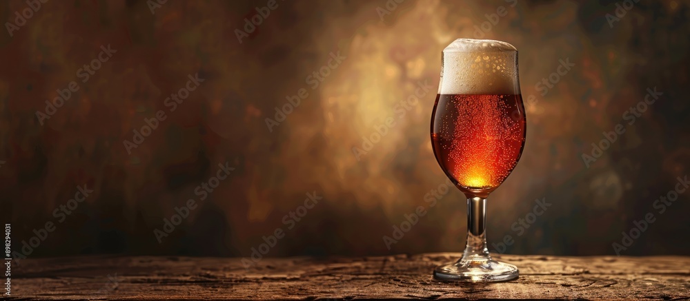 Poster Amber beer in a glass with foam on a dark brown background featuring ample copy space image Selective focus enhances the scene