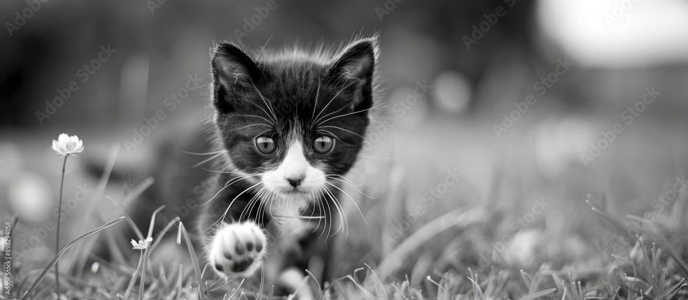 Poster a charming black and white kitten plays happily in the yard with a copy space image available