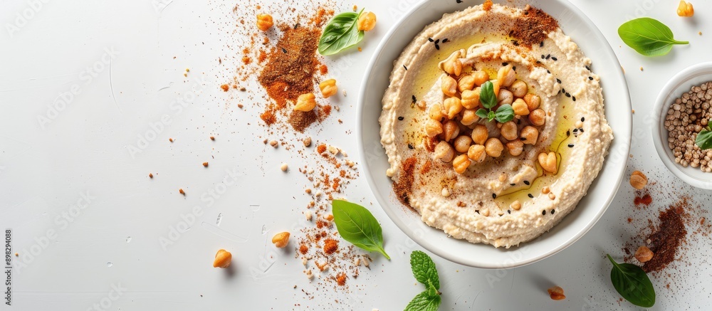 Poster Top down view of a bowl of hummus surrounded by crispbread crumbs spices and a white background perfect for a copy space image