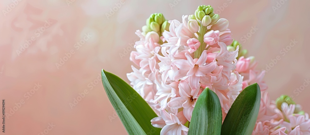 Poster a close up view of a delicate pastel pink hyacinth with green leaves and flower buds known as hyacin