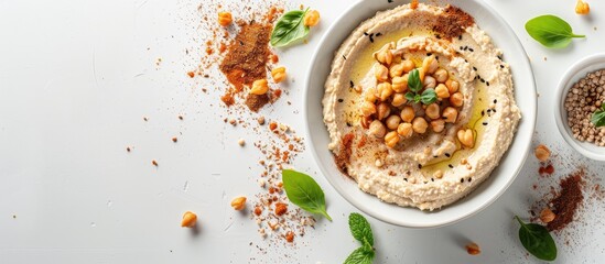 Top down view of a bowl of hummus surrounded by crispbread crumbs spices and a white background perfect for a copy space image