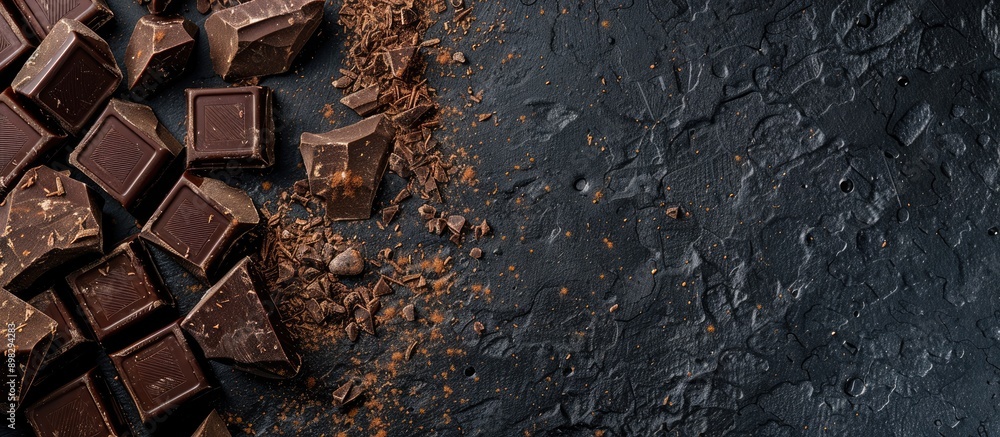 Aufkleber dark chocolate chunks and cocoa sprinkle on a black kitchen surface with copy space image