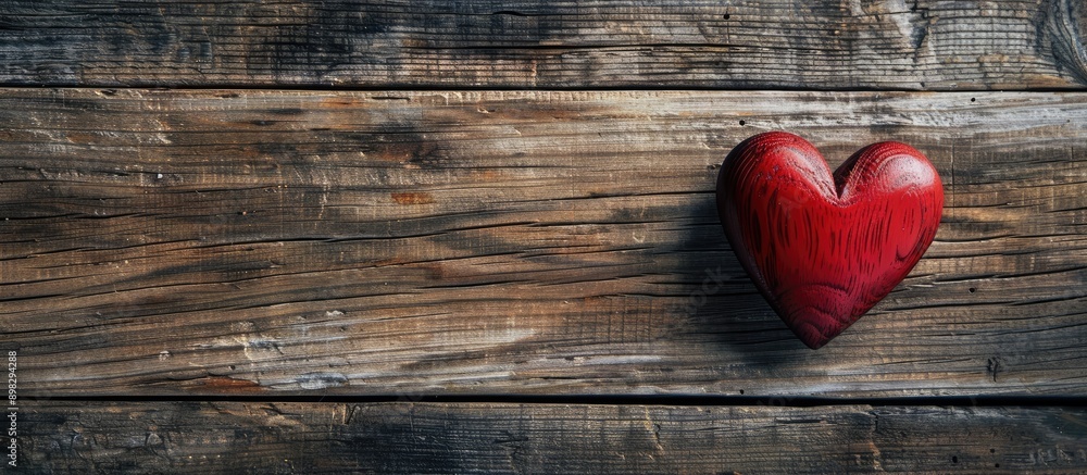 Fototapete flat lay composition featuring a red heart on a wooden background with ample copy space for images