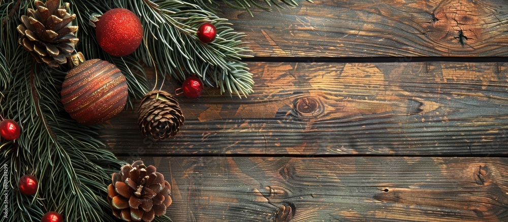 Poster christmas greeting card with fir branch decorations and fir tree on a wooden background providing am