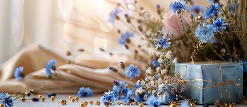 A charming arrangement with cornflowers jewelry and a gift box on a soft background with copy space image