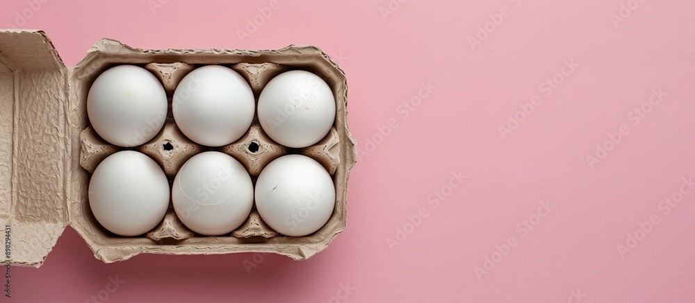 Poster top view of a carton box with six white eggs on a pink paper background conveying easter joy with co