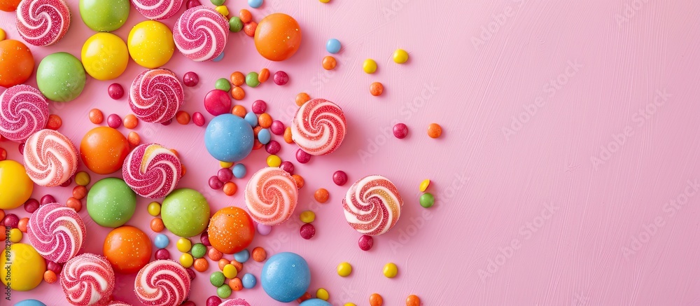 Poster vibrant candies displayed on a pink background with copy space image