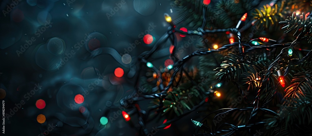 Poster dark background illuminated with festive christmas lights accentuating a copy space image