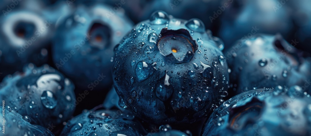 Poster close up photo of vibrant blueberries with space for text set in a moody food image. creative banner