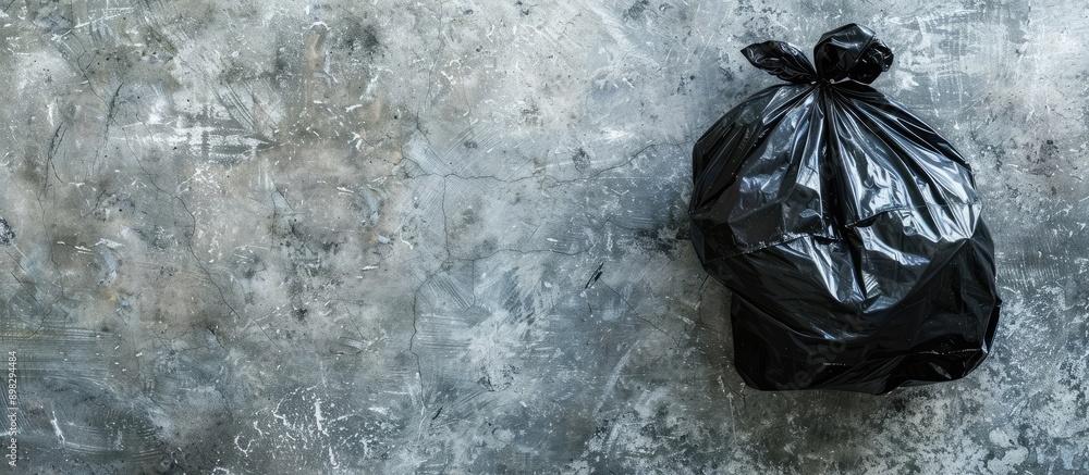 Poster Black garbage bag filled with trash on a concrete floor background with copy space image