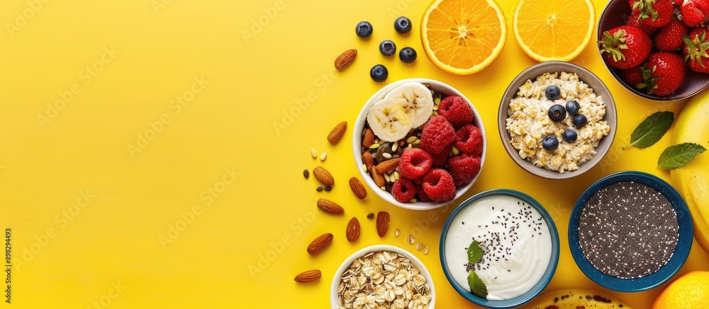Aufkleber top down view of assortment of healthy breakfast items like fruits yogurt nuts oatmeal chia seeds an