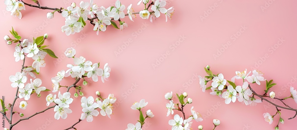 Poster top view flat lay of delicate white flowers on spring twigs against a pink backdrop perfect for a gr