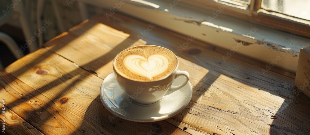 Poster a cappuccino with heart shaped latte art foam on a wooden table near a window with a light shade cre