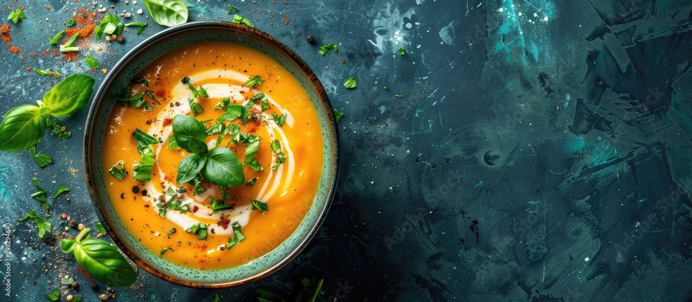 Poster Delicious carrot cream soup in a bowl displayed for a top view offering a captivating copy space image