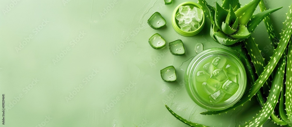 Poster aloe vera leaves and gel for cosmetics arranged on a light green background in a flat lay compositio