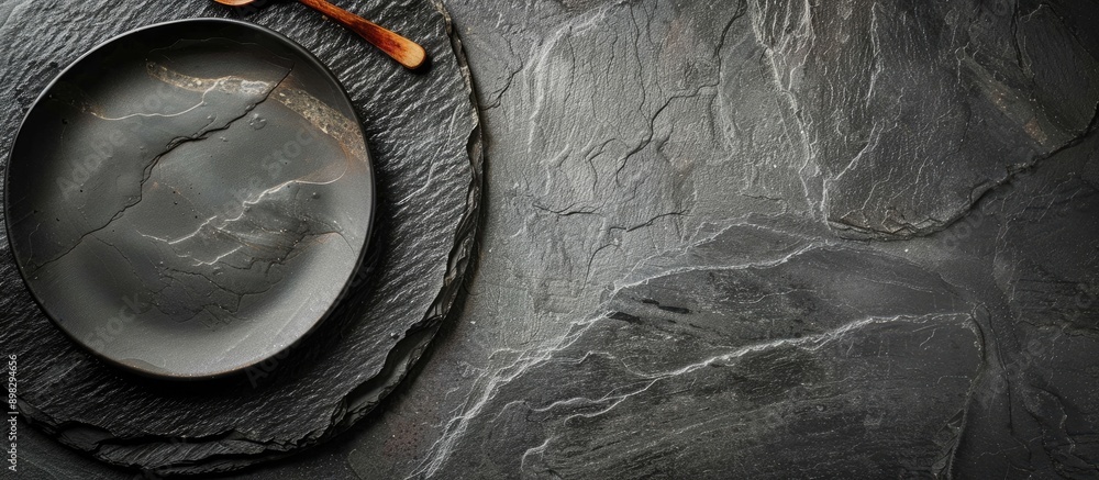 Poster dark slate plate in a cafe with dishware on a stone surface resembling a chalkboard in a restaurant 