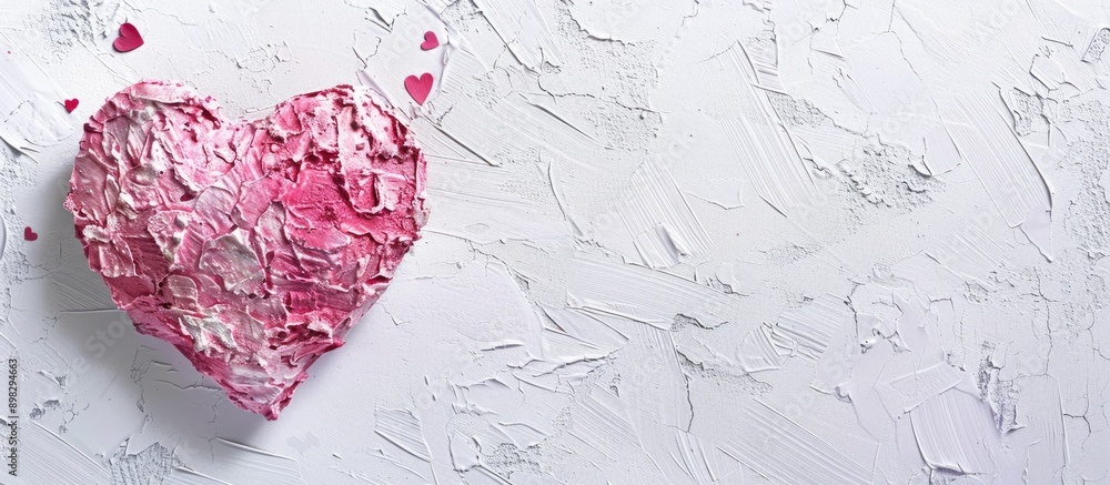 Poster Decorative pink heart on a white background with a rough texture ideal for wedding or Christmas themes suitable for a flat lay. Creative banner. Copyspace image