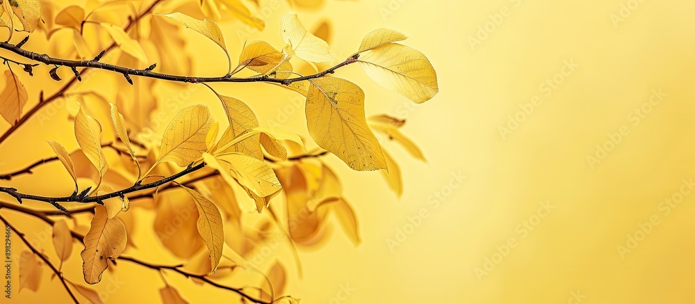 Poster Autumn tree branch close up on a light yellow background ideal for design projects with copy space image for text in a web banner