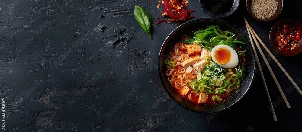 Aufkleber A bowl of nutritious soba noodle ramen with vegetables presented beautifully in a photo with empty space for text. Creative banner. Copyspace image