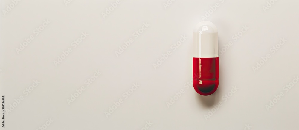 Poster A detailed shot of a red and white pill on a blank white surface with ample copy space image surrounding it