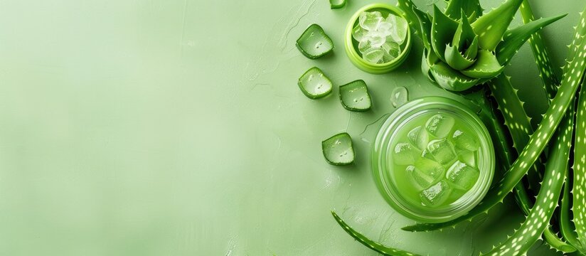 Aloe vera leaves and gel for cosmetics arranged on a light green background in a flat lay composition with copy space image available