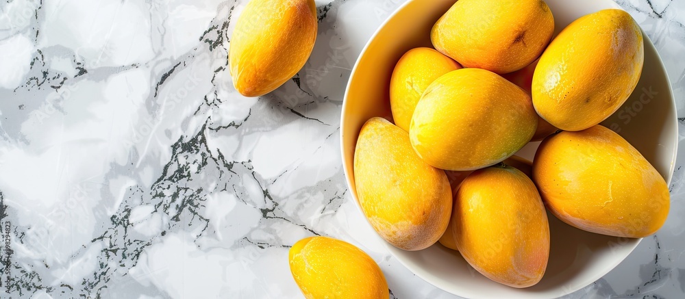 Poster a close up top view of ripe yellow mango fruits on a white bowl placed on a marble table creates a t