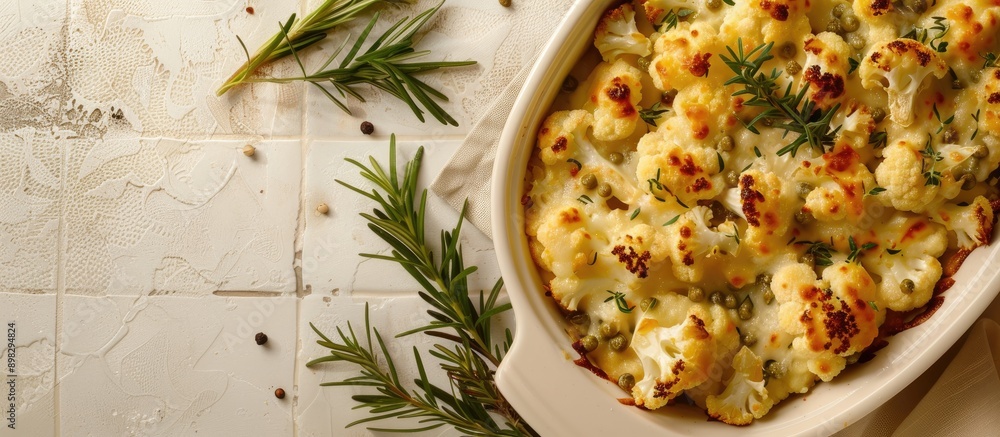 Poster a delicious autumn vegan casserole with loaded cheesy cauliflower creamy sauce served on a light til