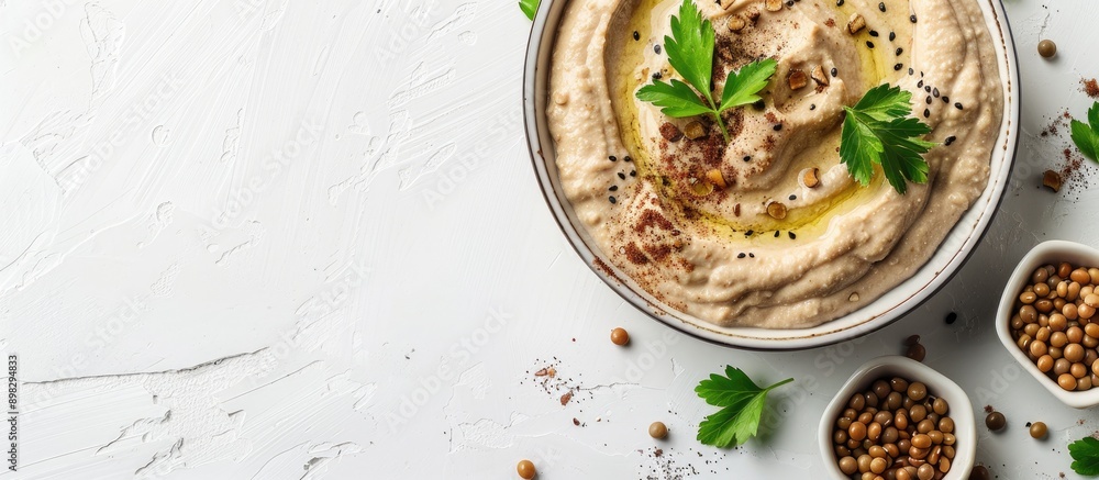 Sticker adzuki bean tahini dip with copy space image on a white backdrop