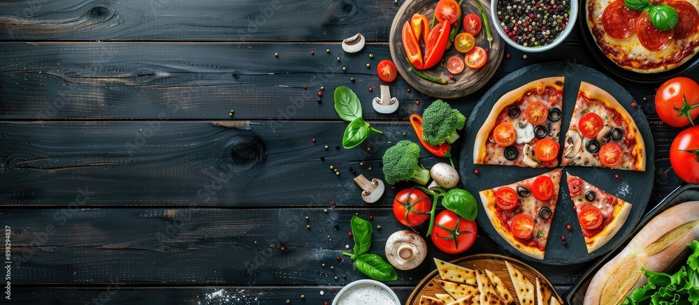 Poster Array of pizza toppings like mushrooms sausages tomatoes and vegetables arranged on a black wooden surface viewed from above with available copy space image