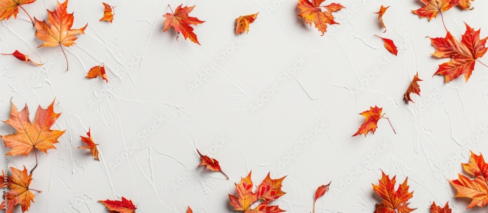 Poster autumn themed frame featuring vibrant fall leaves against a white backdrop in a flat lay composition