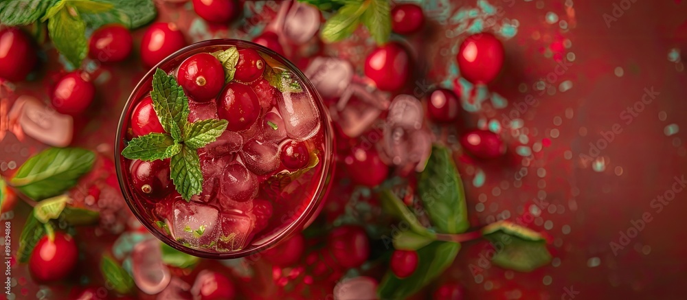 Aufkleber top view of a chilled cocktail garnished with cranberries raspberries and mint in red stemware perfe