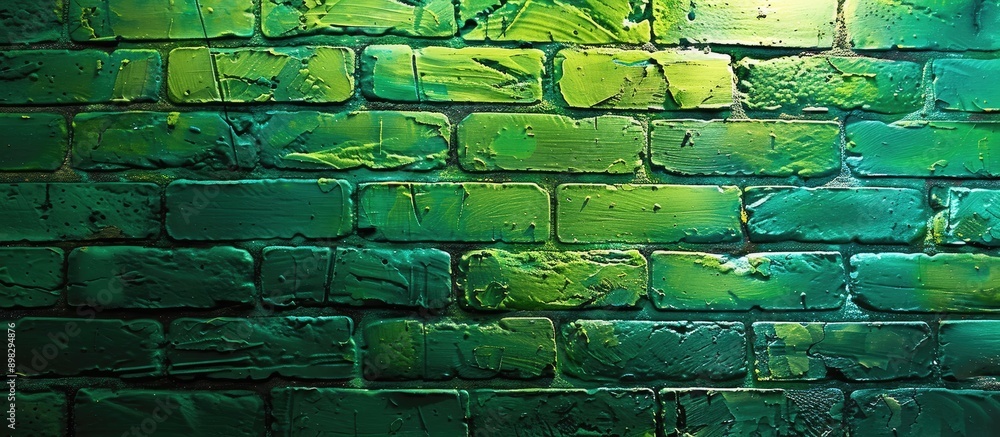 Poster a brick wall painted in vibrant green neon with a copy space image displaying an old colorful appear