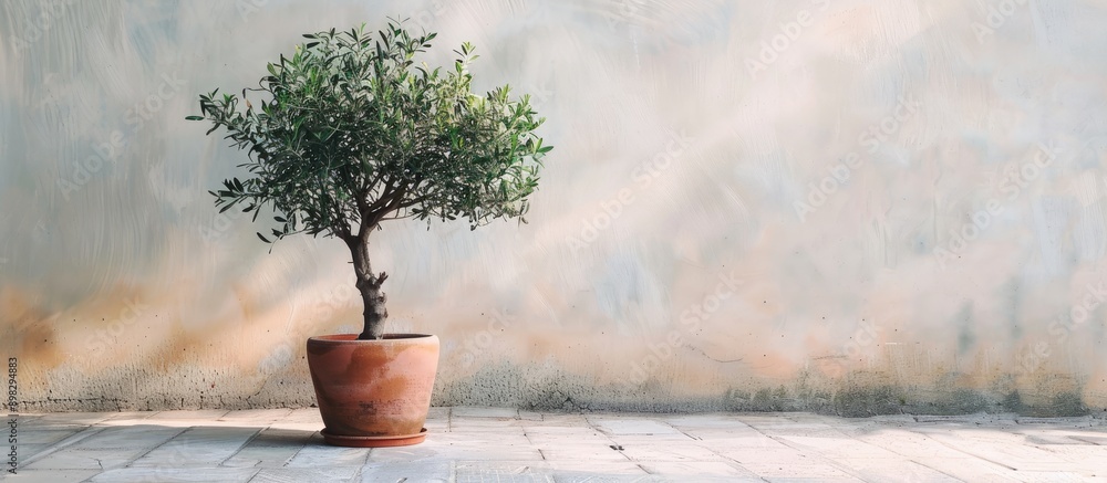 Poster close up of a potted pepper tree against a light backdrop with a clear copy space image