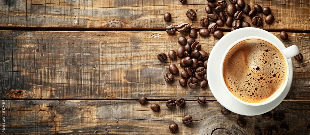Poster top view of a coffee cup and beans on a wooden table with background suitable for additional text or