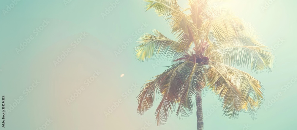 Poster Blurry palm tree with sunlight creating copy space image conveying a summer feel with vintage color tones