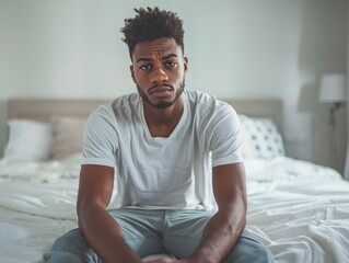African American man sitting on bed with sad face. ai generated