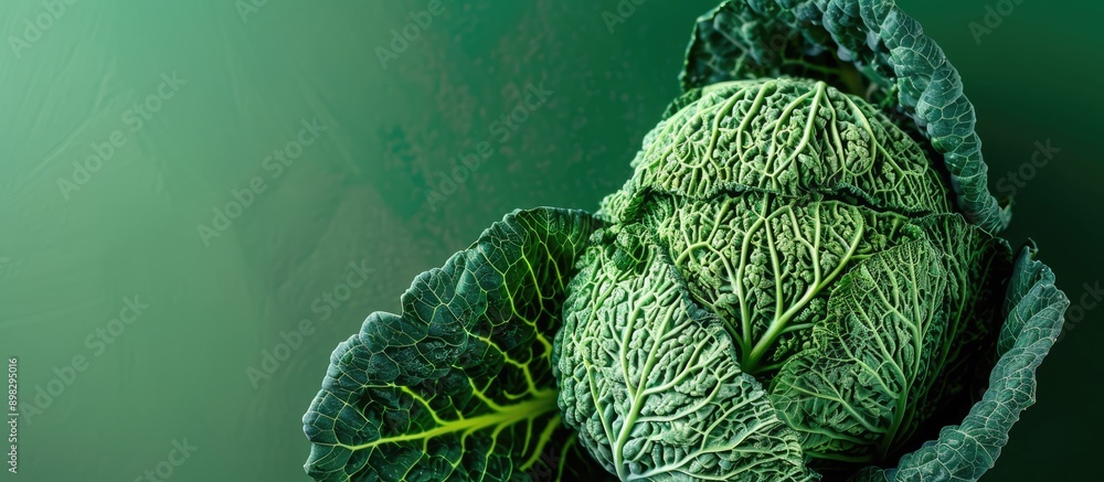 Poster Close up Savoy cabbage on a vibrant green backdrop with ample copy space image