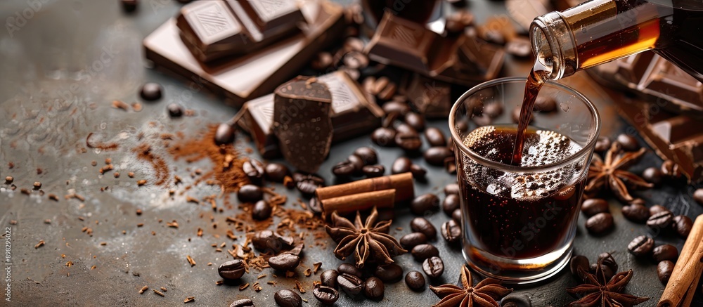 Aufkleber Coffee liqueur is being poured from a bottle into a glass over a rustic tabletop scattered with coffee beans cinnamon anise and chunks of dark chocolate creating a cozy scene with copy space image