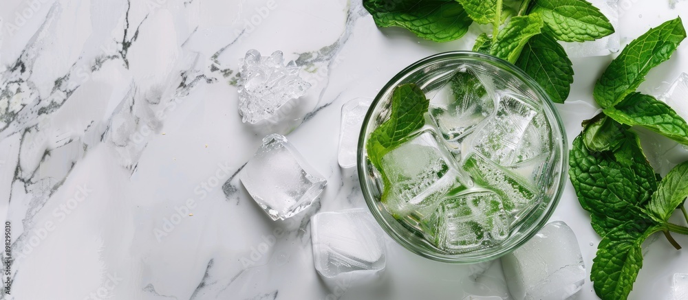 Poster closeup of a tantalizing mint liqueur with ice and green leaves on a white marble surface ideal for 