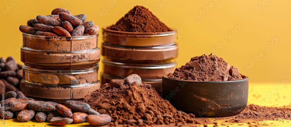 Aufkleber cocoa beans powder and chocolate jars displayed on a bright background with room for a copy space im