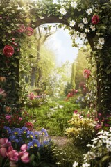 Fototapeta premium Flower Garden Archway. A frame made of blooming flowers intertwined with leafy vines. The center opens to a bright, sunlit meadow, with a path leading through the flowers,