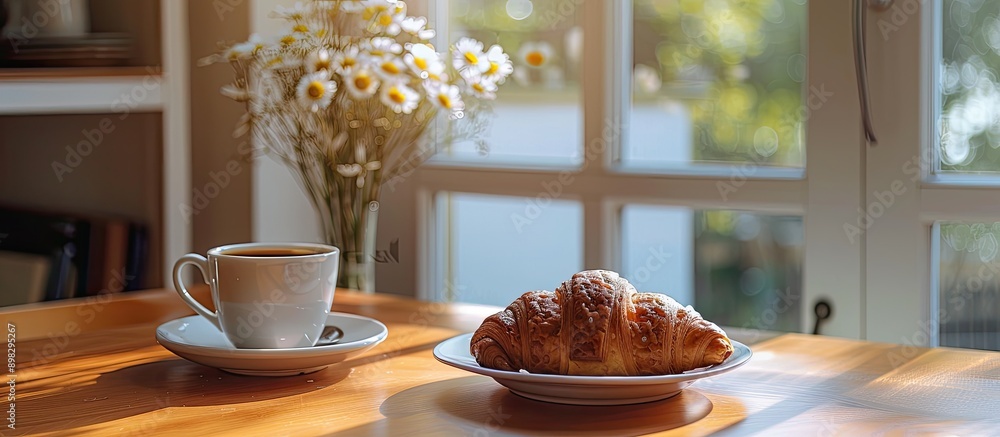 Poster breakfast table decorated with a french croissant providing a delightful view in a copy space image