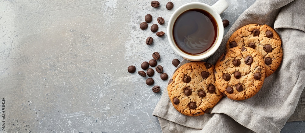 Poster Top view of cookies with chocolate chips next to a cup of coffee with copy space image