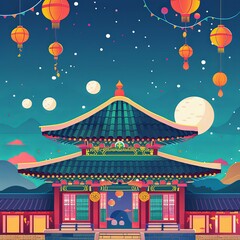 Fototapeta premium Festive Korean Temple Mid-Autumn Festival Traditional Decorations