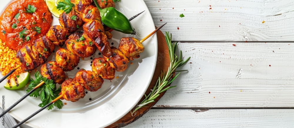 Aufkleber angle view of a fried chicken shish kebab displayed on a white plate with a rustic serving board acc